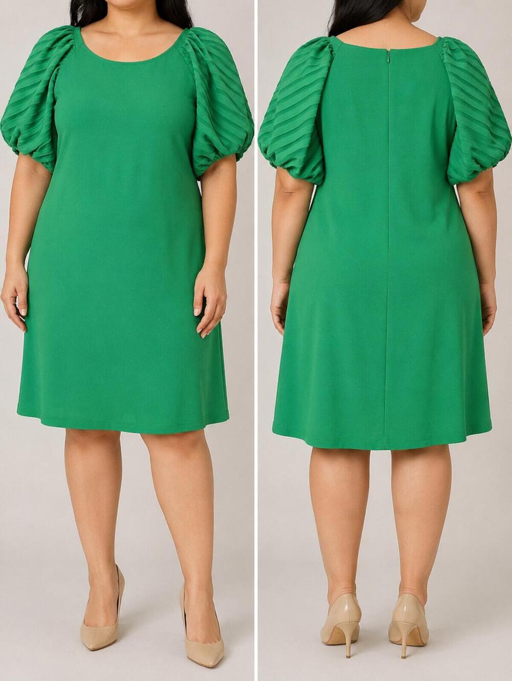Women's Emerald Green Puff Sleeve Dress Sheath Style Pleated Statement Sleeves